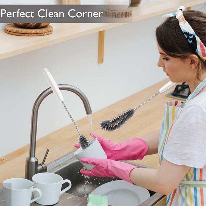 2-Pack 16 inches Long Handle Bottle Cleaning Brushes - Ideal for Coffee Glasses, Pots, Milk Cups, Mugs, Wine Bottles, and Baby Bottles (Black)