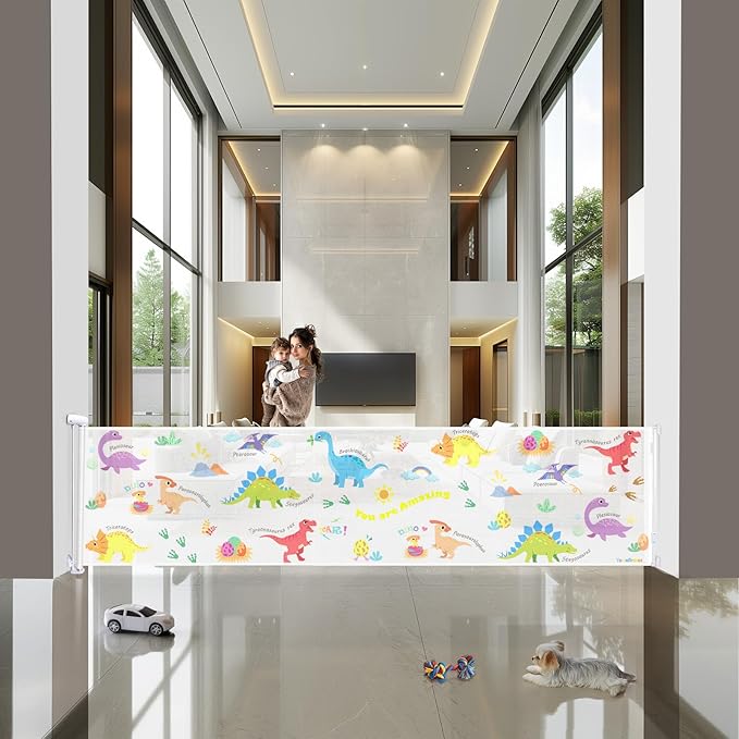 Retractable Baby Gate for Doorways and Stairs, Mesh Safety Gate for Pet, Indoor & Outdoor Use, One-Hand Operation, Easy Installation, 34" Tall, Expands to 130" Wide,Dinosaurs,34"x130"