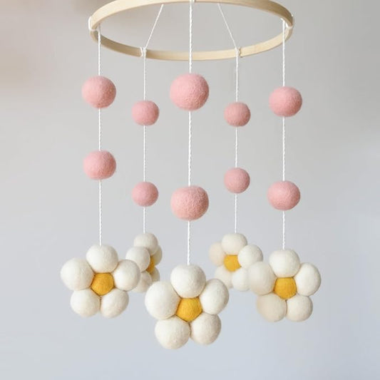 Daisy Mobile for Crib Boho Baby Crib Mobile for Girls Pink Felt Flower Baby Mobile for Crib