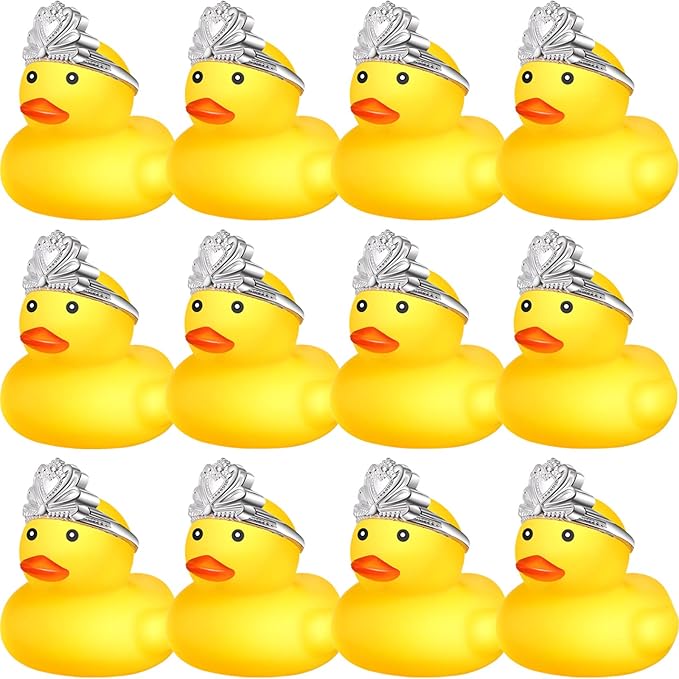Chivao 12 Pcs Rubber Ducks with 12 Sunglasses/ Hats/ Headwear Small Mini Carnival Cruise Birthday Rubber Duckies Bathtub Toys in Bulk(Duck with Crown,Yellow)