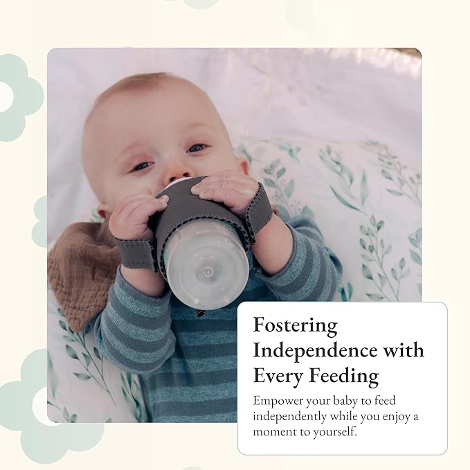 Baby Bottle Sleeve for Self-Feeding - Neoprene Baby Bottle Cover for Infants & Toddlers - BPA-Free, Adjustable Velcro Fit - for Ages 5 to 18 Months - Machine Washable (Pebble Grey)