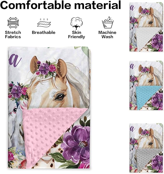 Custom Baby Blanket with Name, Horse and Animals Design, Soft Flannel with Double Layer Dotted Backing, Receiving Swaddle Blanket Suitable for Infants and Toddler