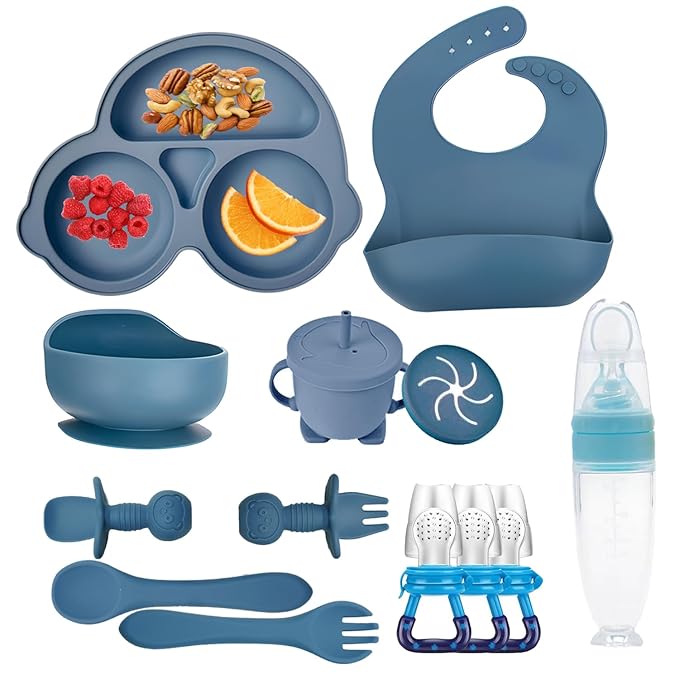 Silicone Baby Feeding Set,Miicasa Baby Led Weaning Supplies Kit With Suction Bowl & Car Plate, Bib, Spoon, Fork, Cup - Food-Grade Silicone, Dishwasher-Safe, No BPAs - For 3+ Months