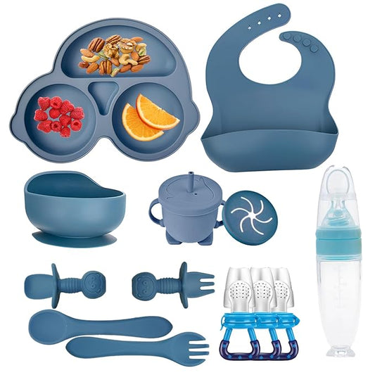 Silicone Baby Feeding Set,Miicasa Baby Led Weaning Supplies Kit With Suction Bowl & Car Plate, Bib, Spoon, Fork, Cup - Food-Grade Silicone, Dishwasher-Safe, No BPAs - For 3+ Months