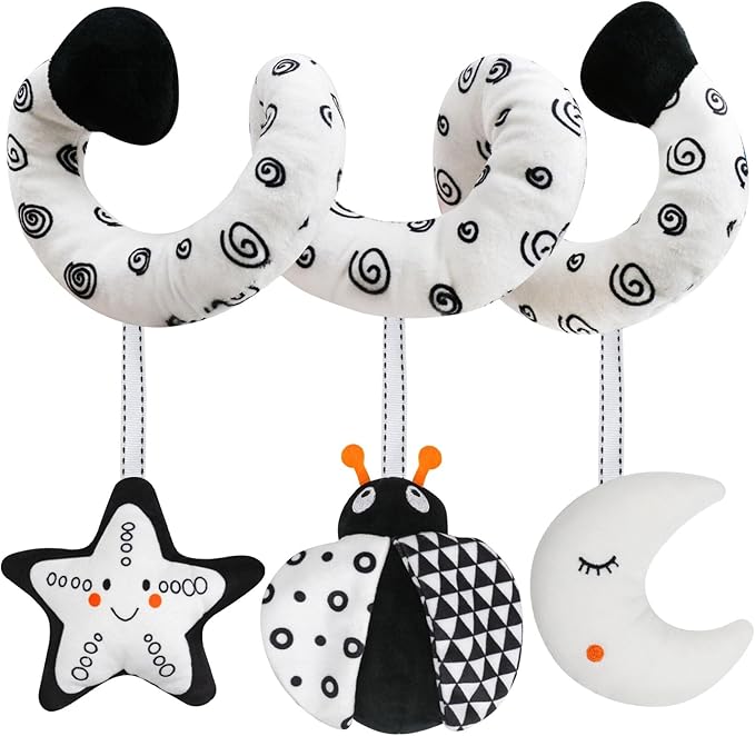 Baby Spiral Hanging Stroller and Car Seat Toys Black and White High Contrast Sensory Toy Newborn Plush Activity Toys Party Favors Quality Gifts for Baby Shower -Bug