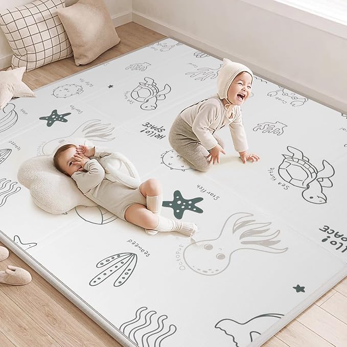 Foldable Baby Play Mat, 79x71 Inch Thick 0.8 Inch XPE Foam Waterproof, Extra Large Crawling Mat for Floor Kids Infant Training Non-Slip Reversible