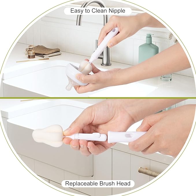 5-in-1 Baby Bottle Brush Kit, Silicone Bottle Brush for Baby Bottle and Breast Pumps, Sponge Nipple Brush with Replaceable Brush Head, Straw Brushes, Pink