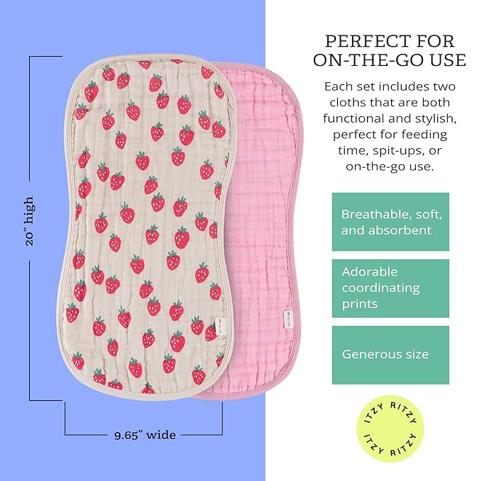 Itzy Ritzy Set of 2 Baby Burp Cloths – Ultra-Soft Absorbent Burping Cloths for Babies - Made of 100% Cotton Muslin and Generously Sized with Trendy Coordinating Prints – Machine Washable (Strawberry)