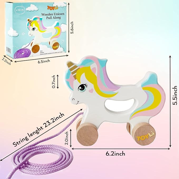 Wooden Unicorn Push & Pull Along Toy Developmental Montessori Toddler Pull Toys Improves Balance Strength Confidence for Infants Develop Cognitive Skills Baby Toddlers 18 Month Pull Toy