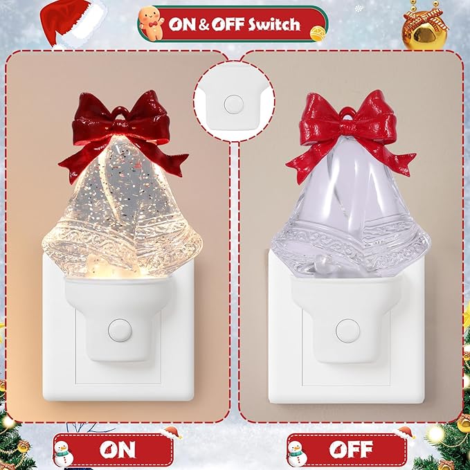 Christmas Bell Night Light Plug into Wall Glitter Water Nightlight with USB/Outlet Options, Christmas Decorative Nightlight for Bedroom Kitchen Nursery Hallway Holiday Decorations Gifts (Bell)
