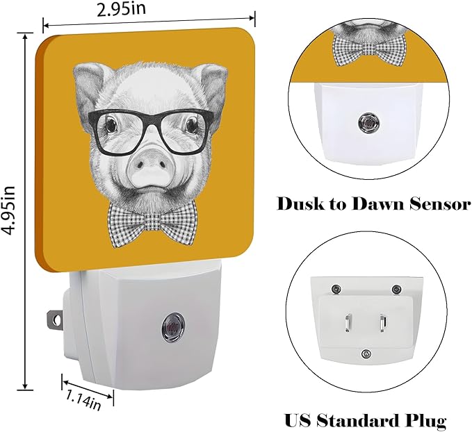 Pig with Glasses Night Light,Plug-in Night Lights with Dusk to Dawn Sensor for Stairway,Hallway,Bedroom Sleep Friendly Ideal for Women/Girls/Boys Gift,0.5w