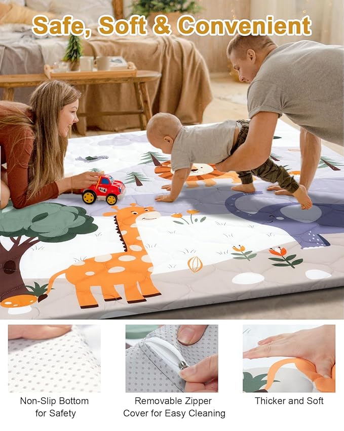 Premium Foam Baby Play Mat 71" x 59" – Removable & Machine Washable Cover, Extra Thick Padding Playpen Mat, Non-Slip Crawling Mat, Easy to Clean for Infants, Toddlers & Babies