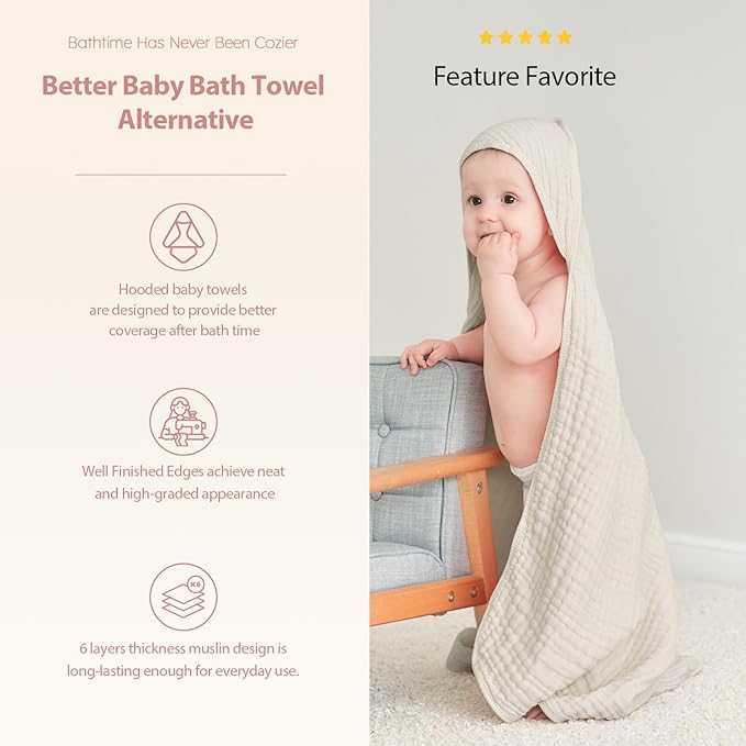 Hooded Baby Towels for Newborn - 2 Pack, 100% Muslin Cotton, Baby Bath Towels with Hood, Soft and Absorbent for Girls Infant, Toddler and Kids, Large 32x32 Inches, Newborn Essential
