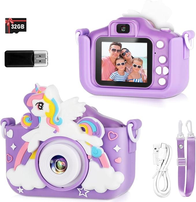Kids Camera,HD Digital Video Camera with Protective Cover,Childrens Toys for 3 4 5 6 7 8 9 Year Old Boys/Girls,Selfie Camera for Kids,Christmas Birthday Gifts with 32GB SD Card (Unicorn Purple)