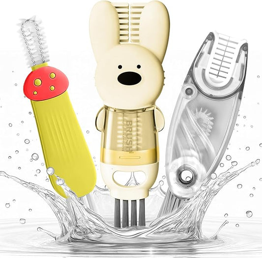 Cup Lid Cleaning Brush, Multifunctional Set with 3 in 1 Lid Cleaner and Two 4 in 1 Cup Lid Cleaning Brushes, Cleaning Brush Tool for Bottles, Straws, Tumblers, Travel Mug Caps, Portable Kit (Yellow)