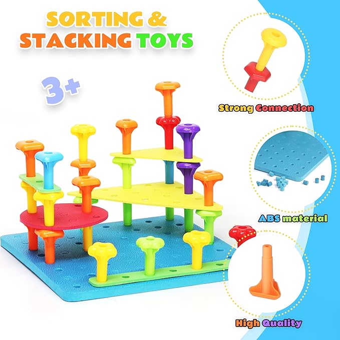 Ggiibro Peg Board Set STEM Toys for Toddlers Ages 3-6 | Montessori Sensory Stacking & Lacing Kit with Thick/Thin Foam Boards & Strings | Preschool Learning Toys for Fine Motor Skills Development