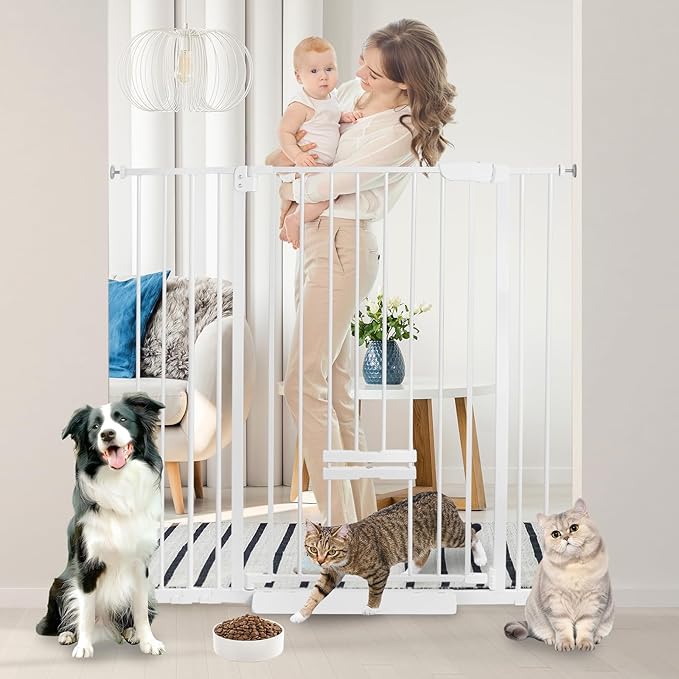 41 Inch Tall Baby Gate with Small Cat Door, Adjustable Auto Close Dog Gate Easy Walk Thru Pet Door for Stairs, Doorway, House (White, 29.52"-43.71" Includes Bolts)