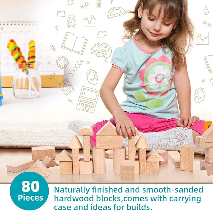 Wooden Building Blocks Set, 80 PCS Natural Wood Stacking Block Toy with Carrying Bag, Montessori Learning Birthday Gifts for 3 4 5 Year Olds Toddlers Kids Boys Girls Children