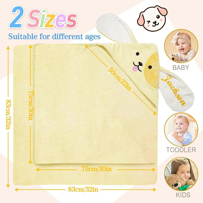 Custom Hooded Bath Towel with Name, Personalized Highly Absorbent Bunny Towels, Baby Bath Towels for Girls Boys, Brithday for Baby, Toddler, Newborn (Yellow-Dog)