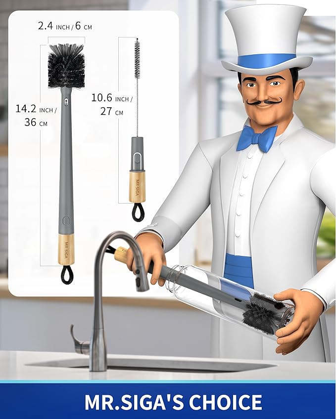 MR.SIGA Water Bottle Brush and Straw Cleaner Brush, Long Handle Bottle Cleaner Brush, 2 in 1 Bottle Cleaning Brush for Sports Bottles, Baby Bottles, Mugs, Straws