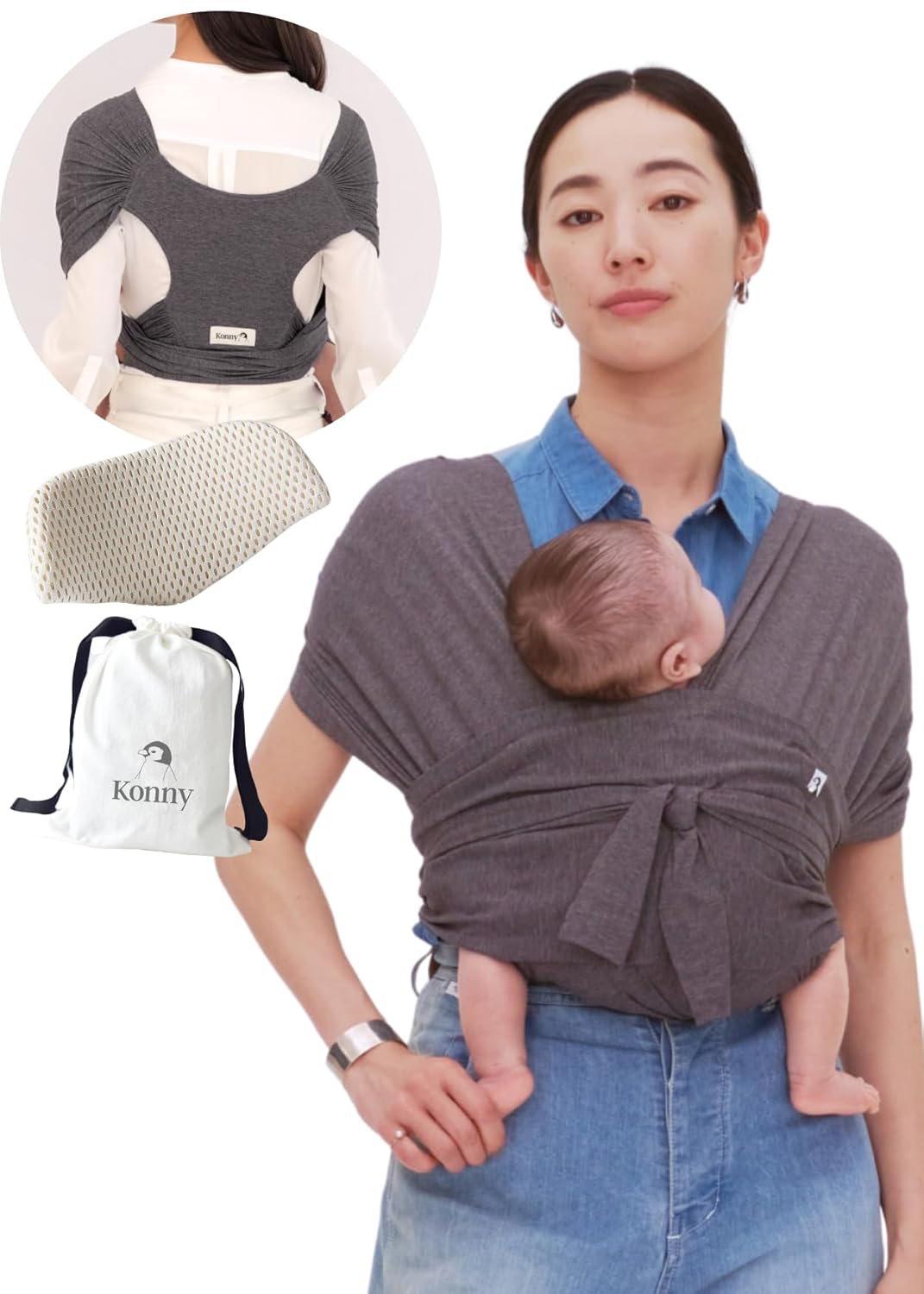 Konny Baby Carrier Flex SoftBreeze with Head Support - Adjustable, Easy to Wear Baby Wrap Sling, Perfect for Newborn Babies Essentials up to 44 lbs (M-4XL) - Charcoal