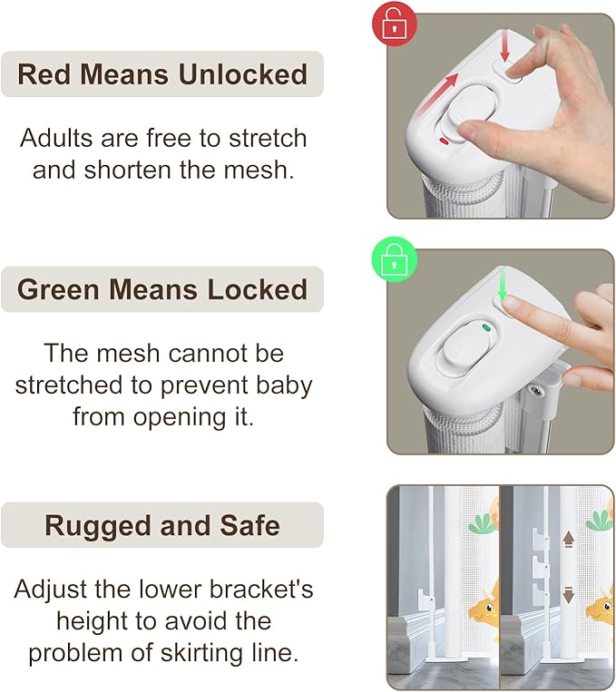 Retractable Baby Gate for Doorways and Stairs, Mesh Safety Gate for Pet, Indoor & Outdoor Use, One-Hand Operation, Easy Installation, 34" Tall, Expands to 130" Wide,Dinosaurs,34"x130"