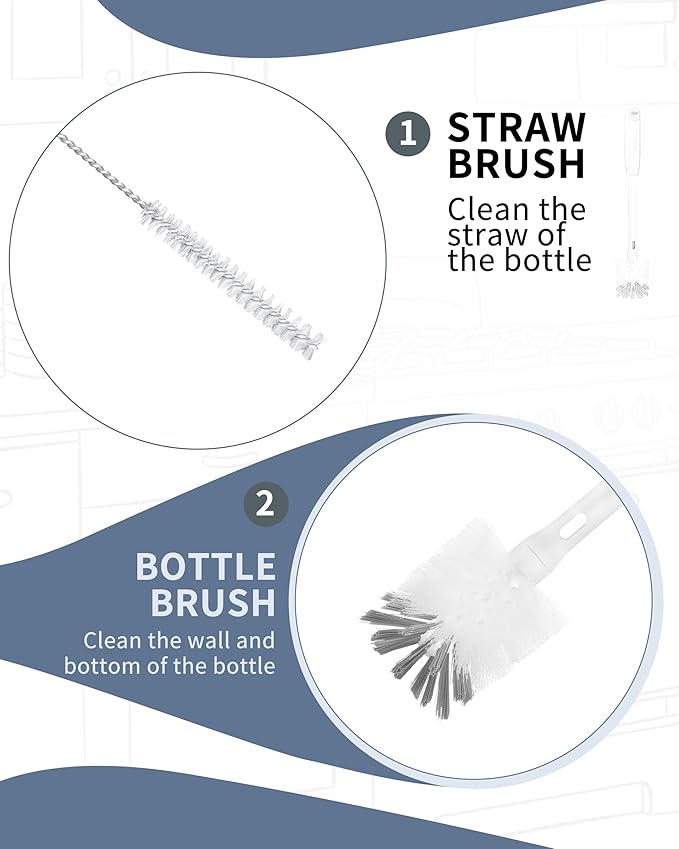 2 in 1 Long Handle Bottle Brush with Straw Brush for Cleaning Glass, Sports Bottle, Coffee Mug,Navy Blue,1 Pack