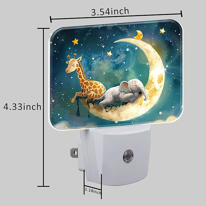 Cute Giraffe and Elephant Sleeping On Moon Night Light for Kids, LED Night Light Plug into Wall with Dusk to Dawn Sensor for Girls Boys Women Men Room, Hallway, Kitchen, Bathroom, Stairs Decor
