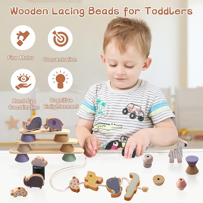 Wooden Animals Threading Toys Lacing Beads for Toddlers 3 4 5 Years Old, Stacking Blocks Balance Toy, Educational Preschool Learning Toy, Montessori Activities for Boys & Girls