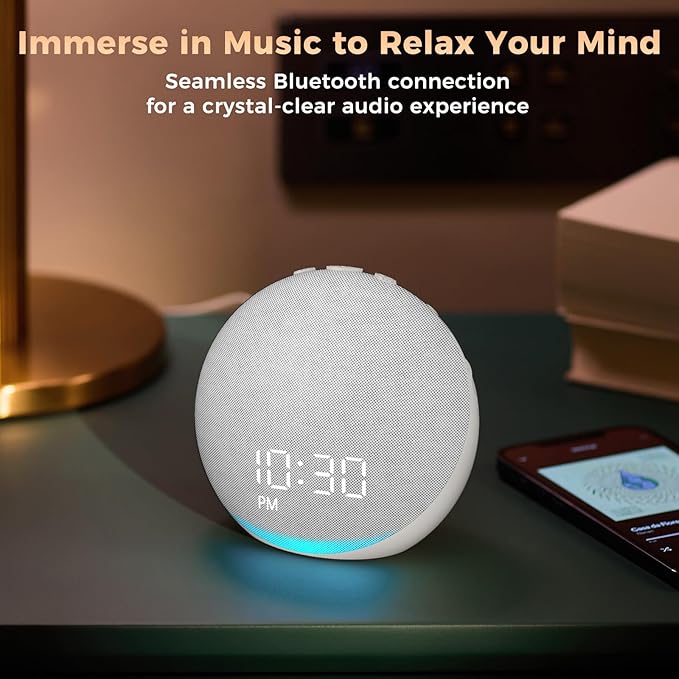 Sound Machine Alarm Clock for Bedroom: 25 Natural Sleep Sounds - White Noise Machine for Adults Kids Baby - Gentle Wake Up Alarm with Bluetooth Speaker - Frost White