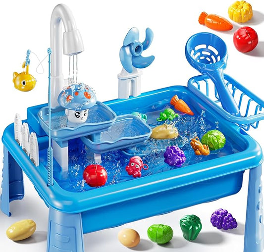 Water Table Play Sink Toy for Kids 2 3 4 5 6 Years Old - Outdoor Kitchen with Running Water, Fishing Games, Toddler Water Play Table for Kids Ages 3-8, Beach Outdoor Toys, Summer Gifts(Blue)