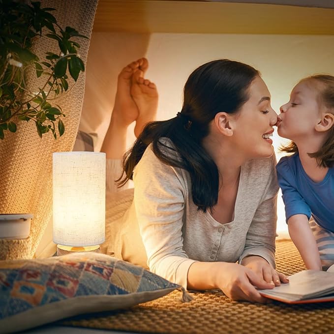 3-Color Adjustable Bedside Table Lamp for Bedroom,Minimalist Wood Base&Round Fabric Shade,Cozy Lighting Nightstand Boho Lamp,Study Reading Desk Night Stand Light for Living Room,Office,kitchen,Nursery