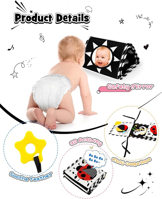 3 PCS Black and White High Contrast Baby Toys for Newborn, Montessori Toy Sensory Infant Tummy Time Toy Baby Essentials 0-6-12 Months Gifts