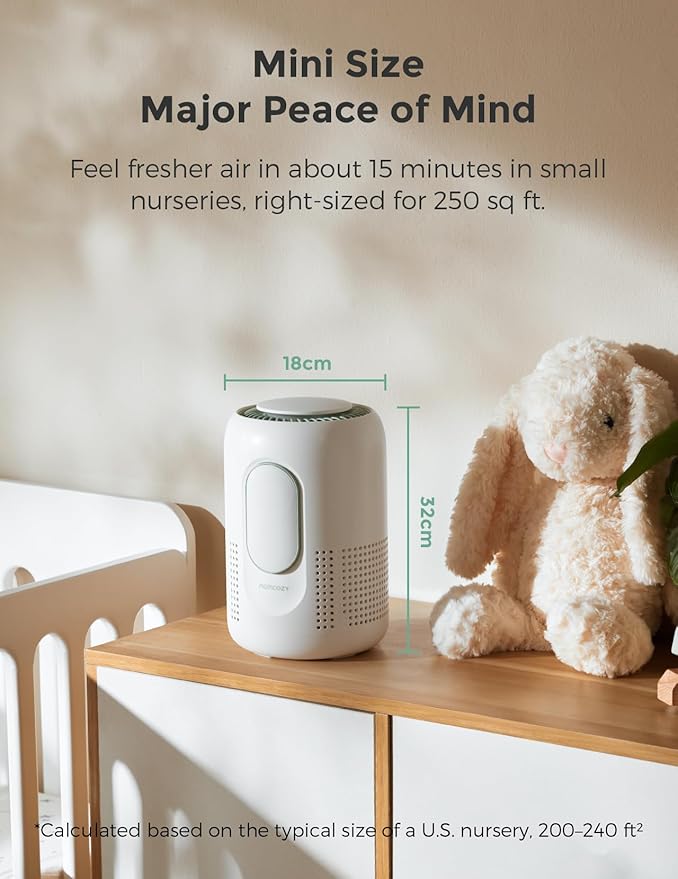 Momcozy Nursery Air Purifier, 4-Filter System with H13 HEPA & Carbon, Real-Time PM2.5 Air Quality Monitor & Display with 3-Color Status, Baby Air Purifier with 21 dB Sleep Mode, Dimmable Night Light