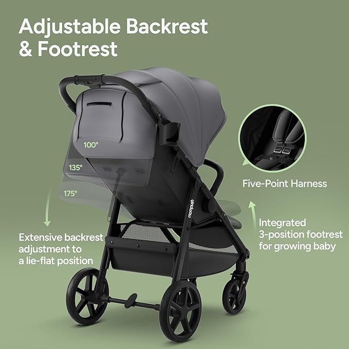 Mompush Nova Baby Stroller for Toddler, Infant & Newborn | Spacious Seat & Lie-Flat Mode | Compact One-Hand Fold, UPF 50+ Canopy & All-Wheel Suspension | Includes Rain Cover & Cup Holder, Grey