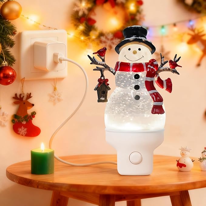 Christmas Snowman Night Light Plug into Wall Water Swirling Glitter USB Portable Christmas Decorative Night Light Decoration for Kids Adults Bedroom Kitchen Living Room Holiday Decor (Snowman)