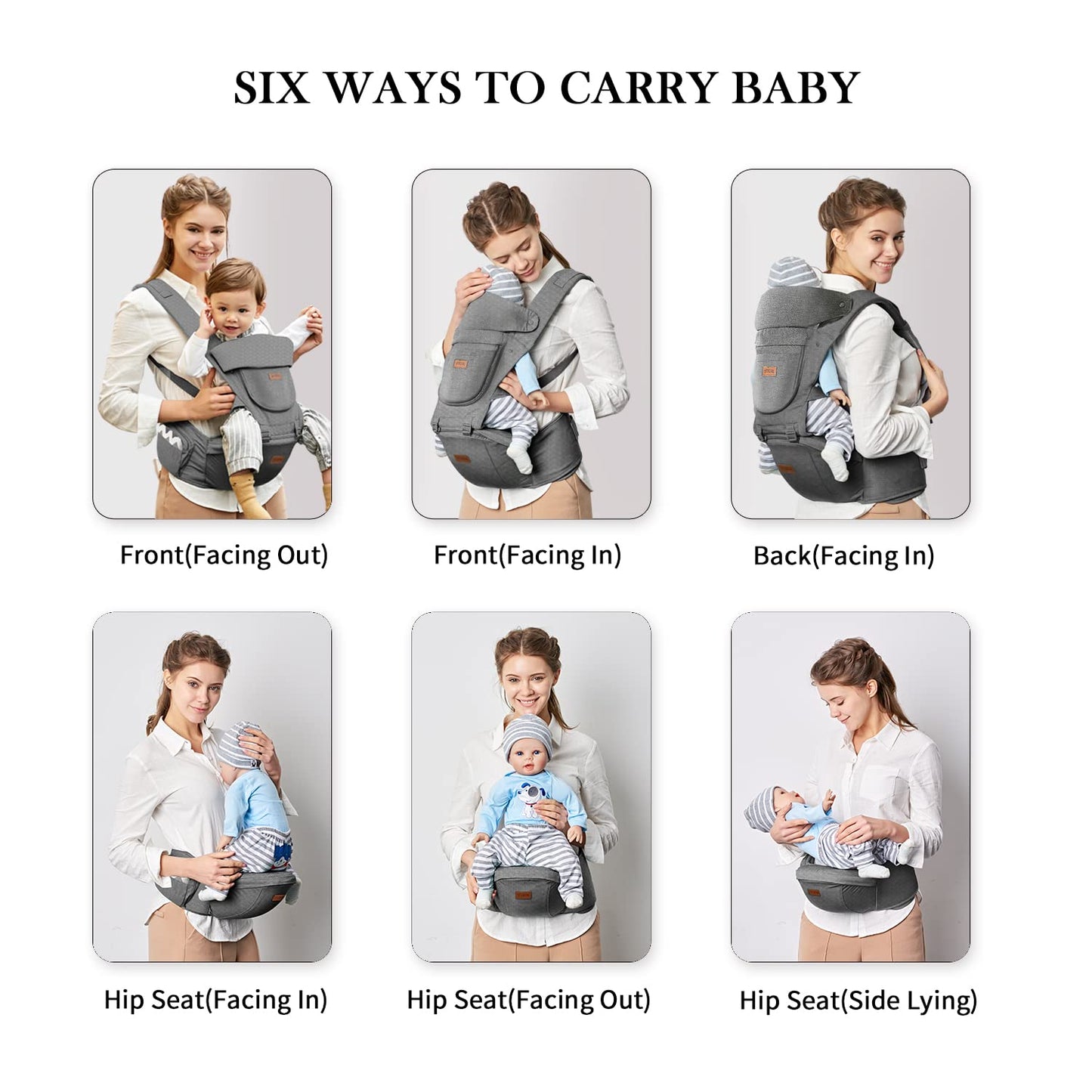 Baby Carrier with Hip Seat, Baby Carrier Newborn to Toddler, 6-in-1 Ways to Carry, All Seasons, Adjustable Baby Holder Carrier for Breastfeeding(Grey)