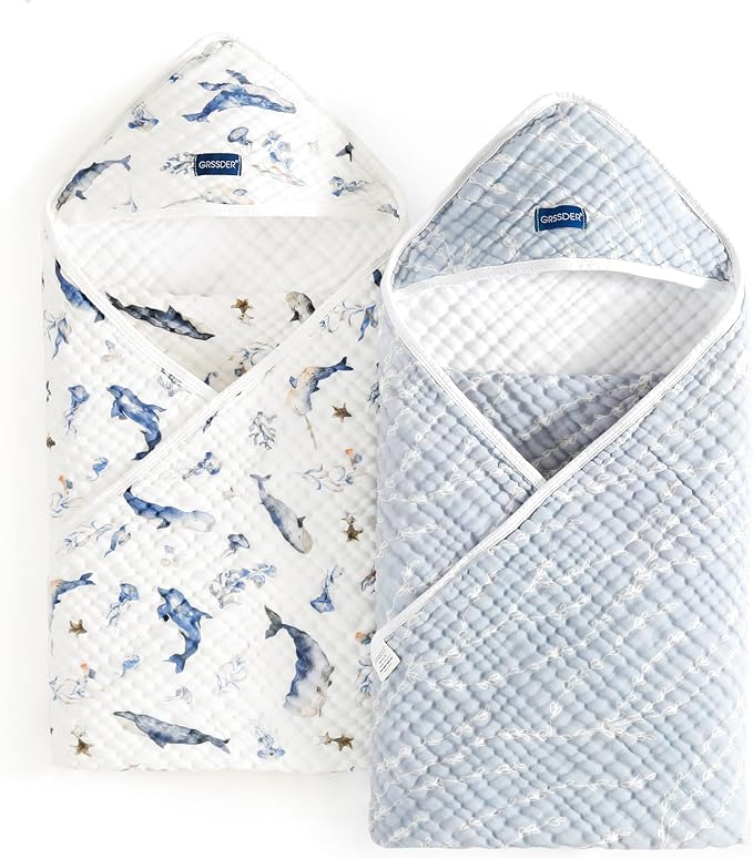 GRSSDER Ultra Soft Absorbent Muslin Cotton Baby Hooded Towel 2 Pack with Original Patterns, Extra Large Size 35"x 35" Swaddle Wrap for Newborn Infant and Toddler