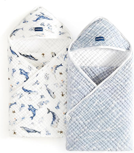 GRSSDER Ultra Soft Absorbent Muslin Cotton Baby Hooded Towel 2 Pack with Original Patterns, Extra Large Size 35"x 35" Swaddle Wrap for Newborn Infant and Toddler