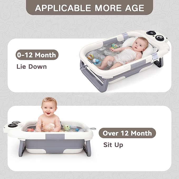 Collapsible Baby Bathtub for Newborn, Baby Bath Tub with Thermometer & Soft Floating Cushion & Drain Hole for Infant to Toddler, Portable Travel Bathtub with No-Slip Feet for 0-36 Months-Gray
