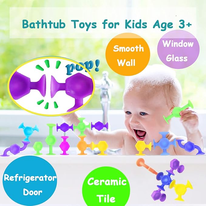 50pcs Suction Toys Sensory Toys for Kids Ages 4-8 Boys Girls, Bath Toy for Toddlers Montessori 8 Colors Sensory Slicone Sucker Travel for Kids 3 4 5 6 7 8