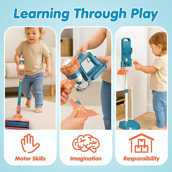 3-in-1 Kids Vacuum That Really Works – Working Toddler Vacuum Cleaner with Real Suction, Montessori Pretend Play Cleaning Toy Gift Set for Boys and Girls Ages 3+