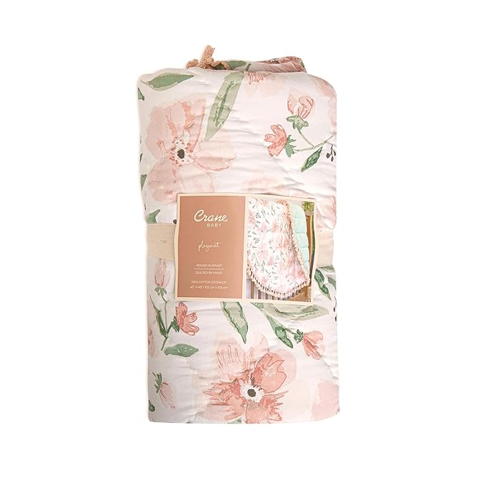 Crane Baby Padded Floor Mat, Pink Floral Nursery Decor, Activity Mat, 40" x 40", Baby Tummy Time, Baby Girl Nursery Essentials (Pack of 6)