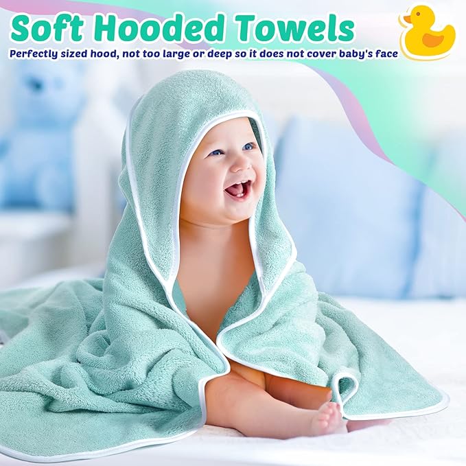 Reginary 4 Pack Baby Hooded Towels Coral Fleece Baby Bath Towels 30 x 30 Inch Soft Absorbent Hooded Bath Blanket for Newborn Toddler Infant Boy Girl Shower Gift Supplies (White, Pink, Green, Blue)