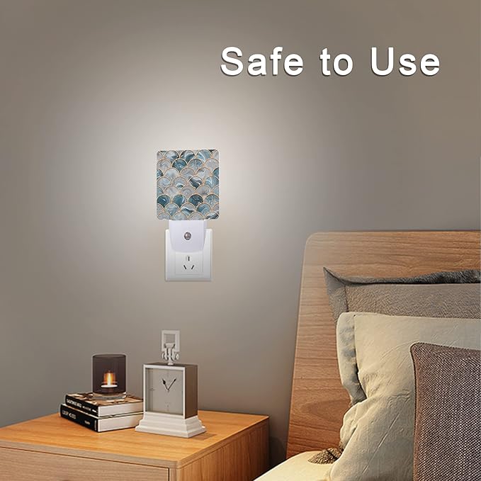 Mermaid Fish Scales Marble Night Light Plug-in LED Nightlights Auto Sensor Night Lamp Dusk-to-Dawn Lamp Home Decor for Nursery Children Girls Boys