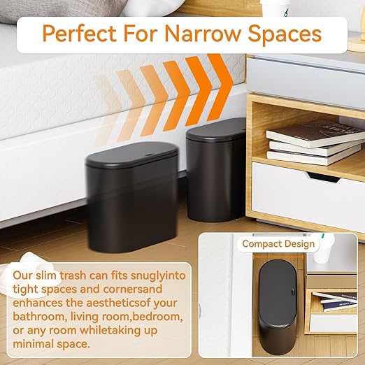 Yieach 12L Black Slim Bathroom Trash Can With Lid 3.17 Gallon,Skinny Small Kitchen Garbage Can and Pet/Dog Proof Trashcans for Office,RV,Bedroom and Dorm,Plastic Covered Trash Can and Wastebasket,1PCS