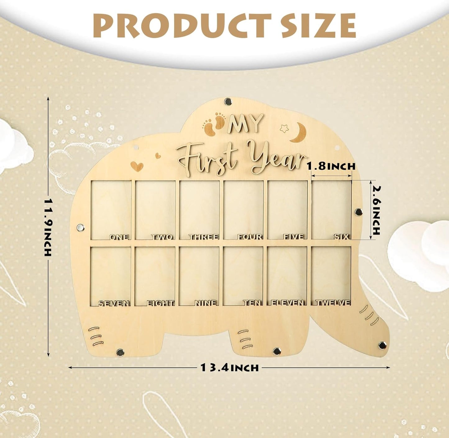 My First Year Picture Frame,One Year Of Photo Board, Baby's First Twelve Months Photo Collage and Gender Neutral Keepsake, Ideal for Baby Shower,New Mom Keepsake Gift and Nursery Decor - With Stand (Elephant sign)