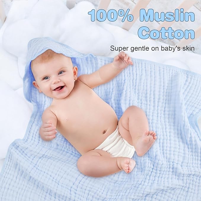 MUKIN Baby Hooded Towels, Muslin Cotton, 2-Pack, for Newborn, Infant, Toddler and Kids (White,Blue)