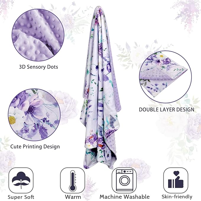 Baby Blankets for Girls Boys Soft Plush Minky Blanket 30x40 Inches with Double Layer Dotted Backing for Toddler Newborn, Purple Crib Blanket for Nursery, Baby Car Seat, Pet, Floral