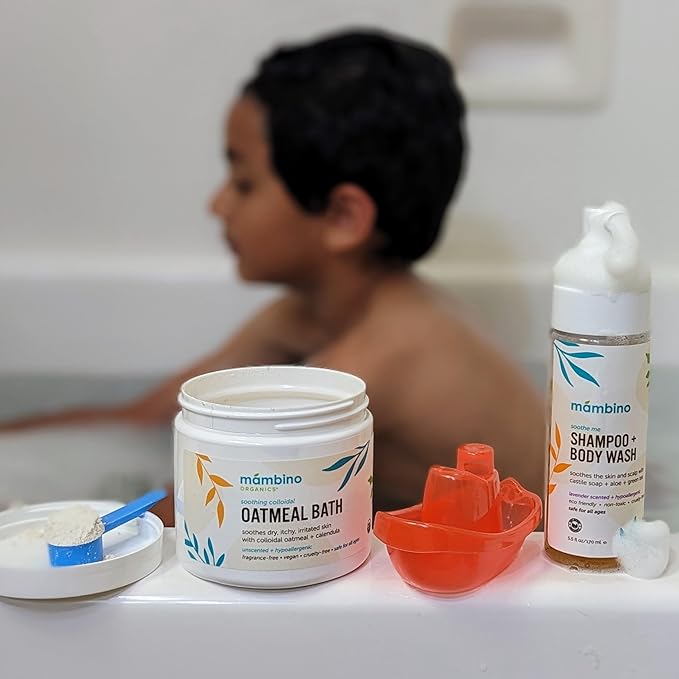 Mambino Organics Calming Skin Set, Oatmeal Bath Soak Powder & Soothing Body Oil, Fragrance-Free with Jojoba & Evening Primrose, Gentle for Babies & Adults, Ultra-Sensitive Skin, Vegan, 11 oz